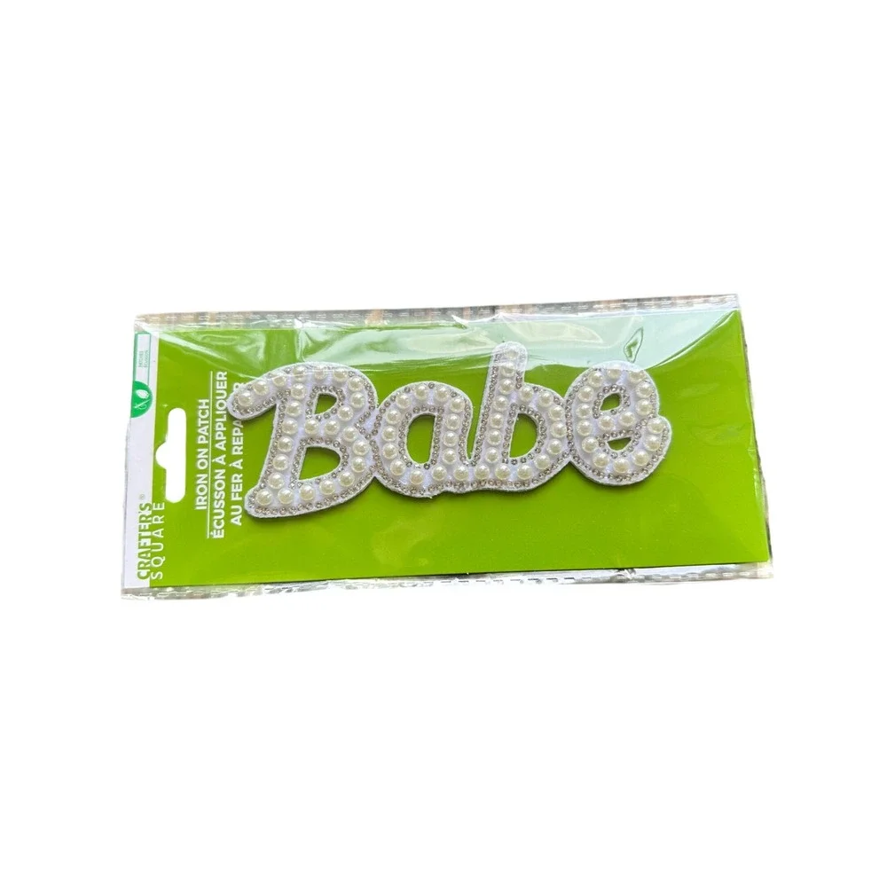 Crafters Square Babe Iron On Patch Faux Pearl Rhinestone Applique White 5 Inch
